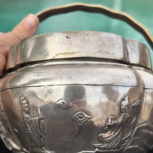 Antique Chinese White Bronze Hand Warmer Signed, Ornate Relief Scene Qing Style - Picture 3 of 12